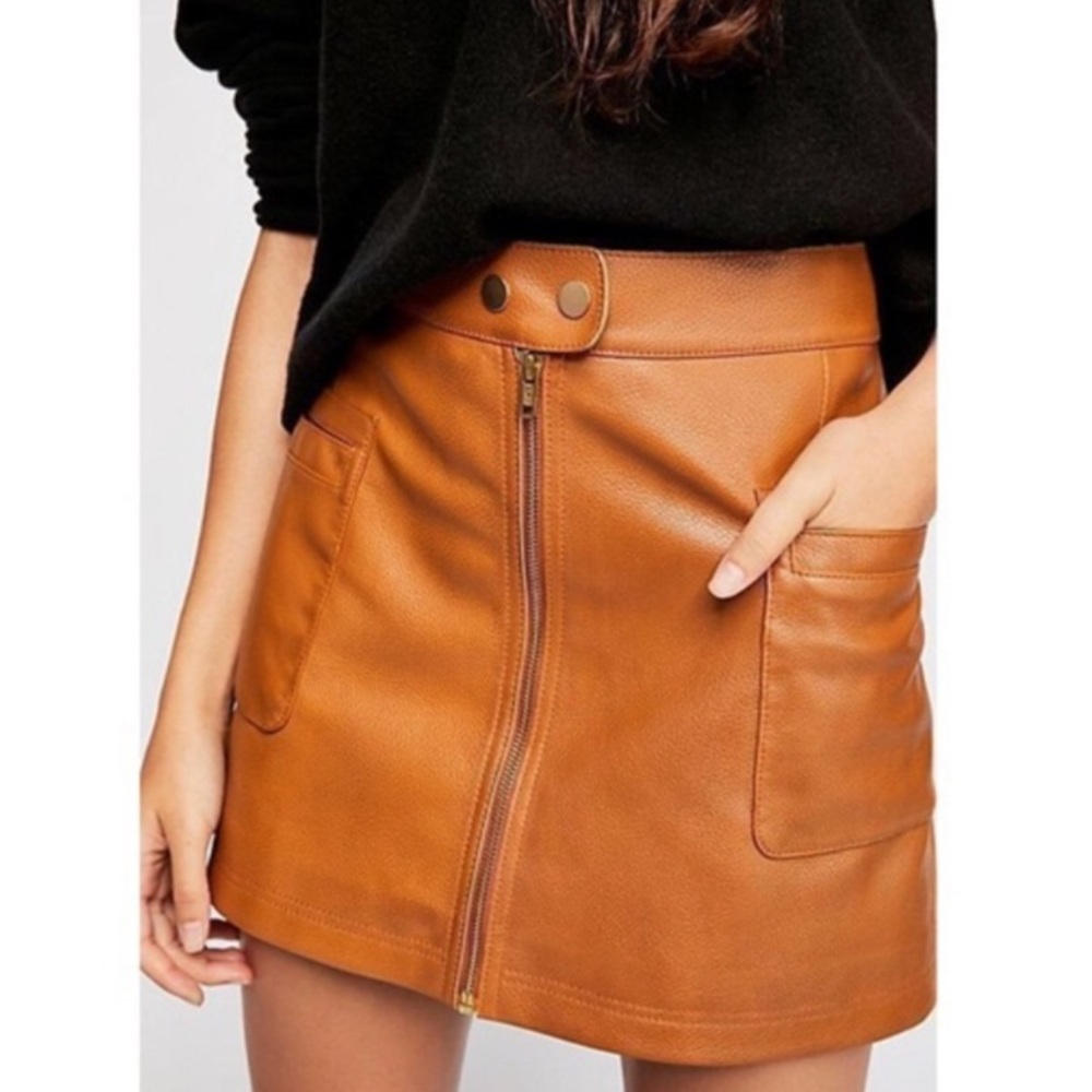 Free People Cognac Vegan Leather Zipper Front Mini Skirt 2